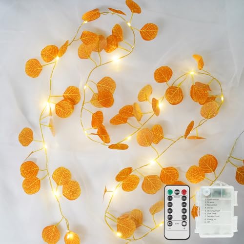 suddus Vine with Fairy Lights Battery Operated, 33ft 100 LED Eucalyptus Leaf String Lights with Remote, Dimmable Fall Garland with Lights for Bedroom Indoor Thanksgiving Christmas Decor (Warm White) - color: Orange Eucalyptus, size: 100 LED-Battery