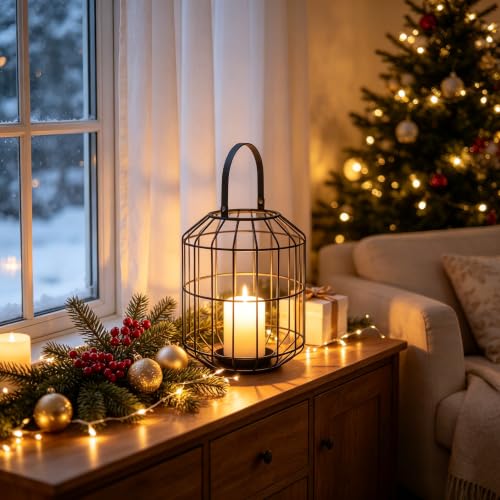 Black Metal Cage Candle Lantern, 10.6" Hanging Pillar Candle Holder, Rustic Farmhouse Lantern Decor for Indoor Outdoor, Vintage Lantern with Handle for Home Wedding Patio Christmas - color: Black