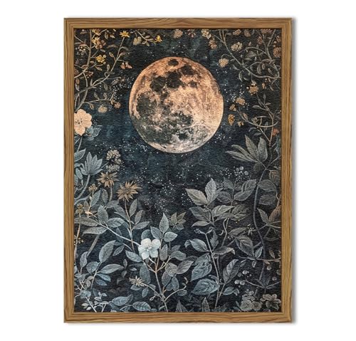 Dark Moon and Flower Wall Art, Vintage William Morris Celestial Wall Decor Painting 3D Texture Hand Drawn Sandstone Moody Cottagecore Artwork for Bedroom Living Room 16x24 inch Wood Framed - color: Moon C, size: 24"L x 16"W