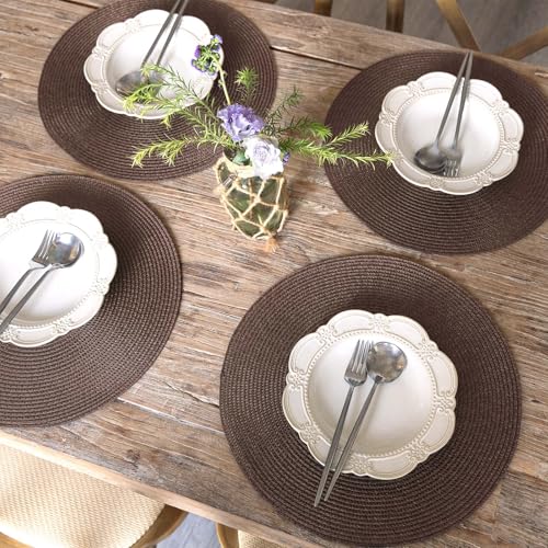 FunWheat Round Braided Placemats Set of 6 Table Mats for Dining Tables Woven Washable Non-Slip Place mats 15 inch (Brown, 6pcs) - color: Brown, size: Set of 6