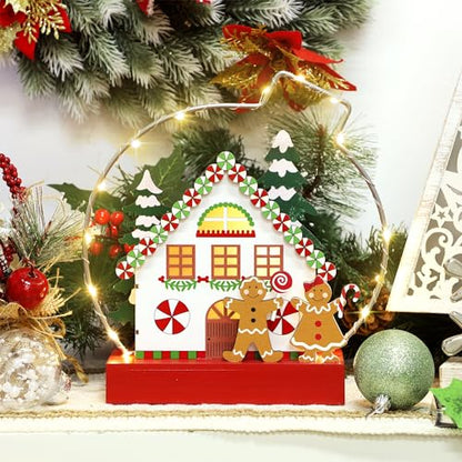 Christmas Tabletop Decoration, Wooden Lighted Gingerbread House Ornaments, Battery Operated Christmas Indoor Fireplace Home Table Decorations - style: Gingerbread House