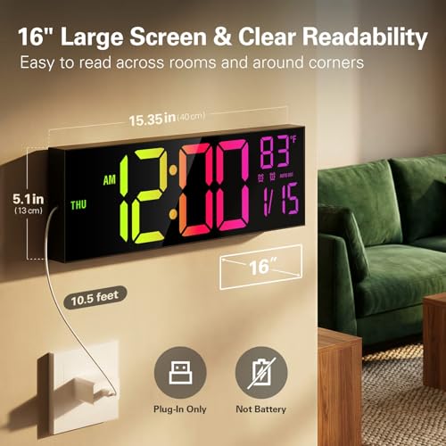 JALL 16" Large Digital Wall Clock with RGB Colors for Classroom, Wall Clock with Bluetooth for Time Set, Digital Clock with Temperature Timer Dual Alarm, Classroom Decor for Teacher Student, Black - color: Black, size: 16 inches
