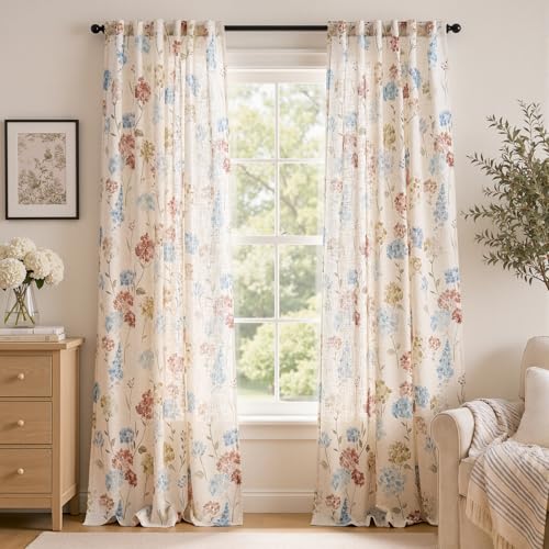 jinchan Floral Linen Curtains 96 Inch Vintage Cottagecore Back Tab 2 Panels - color: Vanya Terracotta Blue, size: 50"W x 96"L (Pack of 2)