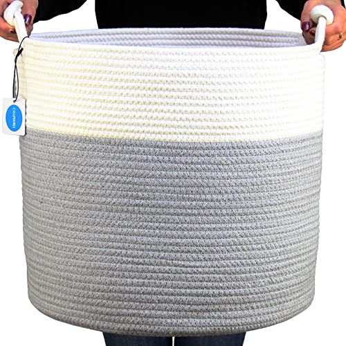 Casaphoria Woven Cotton Rope Basket with Handle for Bedroom,Round Storage Basket for Bathroom,Large Blanket Basket for Living Room,Tall Laundry Hamper Woven for Laundry,Light Gray - color: Cream and Gray