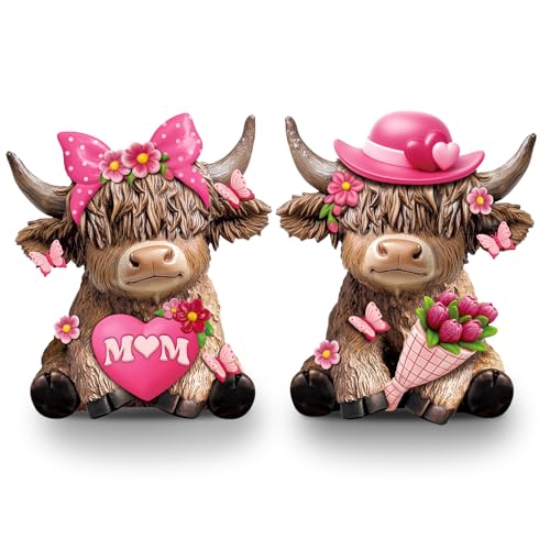 Karenhi 2 Pcs Highland Cow Figurines Resin, Mothers Day Decor Tabletop - style: Mother's Day