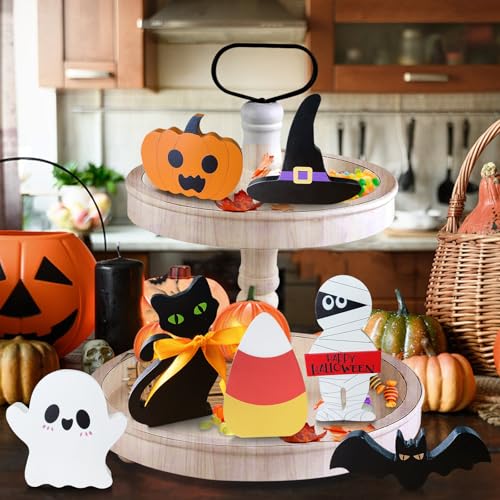Cute Halloween Decorations Indoor: 7PCS Wooden Tiered Tray Decor Table Sign - Pumpkin Ghost Bat Black Cat Mummy Witch Hat Candy Corn Freestanding Signs for Party Home Mantel Shelf Display - style: Cute