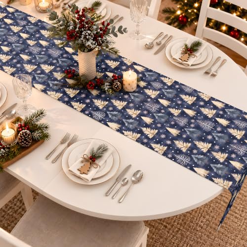 Christmas Decorations - Navy Blue Xmas Tree Snowflake Winter Table Runner - color: Xmas Tree Snowflake