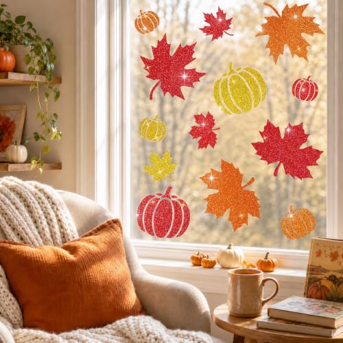 Glitter Fall Window Clings Autumn Thanksgiving Window Stickers Decals Decor - color: Fall Glitter