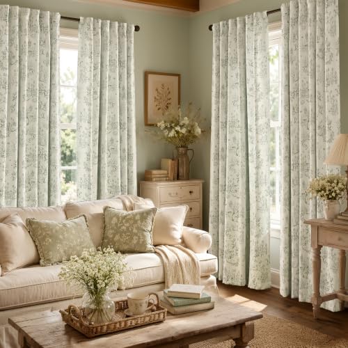 jinchan Green Floral Blackout Curtains Woodland 96 Inch Back Tab 2 Panels - color: Sage Green on Beige, size: 50"W x 96"L (Pack of 2)