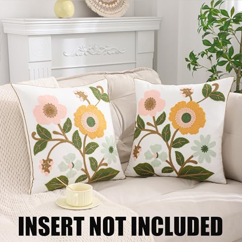 Embroidered Throw Pillow Covers 18x18 Pack of 2 Pink Yellow Flower - color: Yellow and Pink Flowers