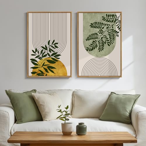 Framed Boho Neutral Botanical Canvas Wall Art for Living Room, 16x24 Inch - color: Green Yellow, size: 16" W x 24" H x 2Pcs