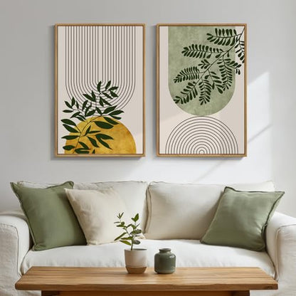 Framed Boho Neutral Botanical Canvas Wall Art for Living Room, 16x24 Inch - color: Green Yellow, size: 16" W x 24" H x 2Pcs