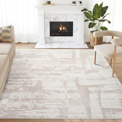 Abani Cream Area Rug for Living Room, Bedroom - Block Pattern- 5' x 8' -Durable & Easy to Clean - size: 5'x8'