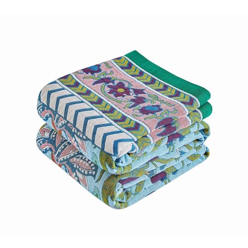 Boho Throw Blanket 100% Cotton Muslin Woven Blanket Bohemian Bed Throws Vintage Rustic Farmhouse Decor Reversible Bed Blanket Quilt for All Seasons（Blue 50"x60"） - color: D-blue Flower Blanket, size: Throw-50"x60"
