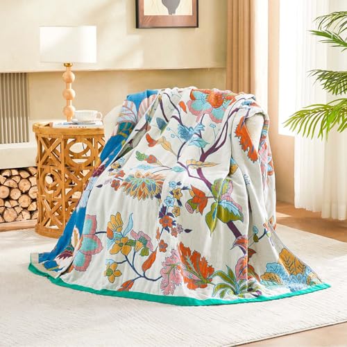 XIBLC Summer Throw Blanket, 60"x80" Reversible Bohemian Flower Blanket, 100% Cotton Muslin Breathable Woven, Farmhouse Decorative Throw Blanket - color: Colorful Vine, size: 60x80 Inch