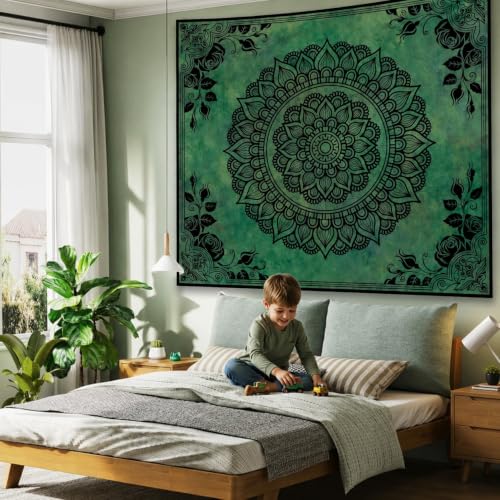 Green Boho Mandala Tapestry for Bedroom, Large Hippie Ceiling Wall Hanging - color: Green Tapestry, size: 79"L x 60"W