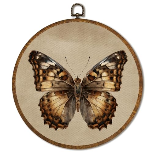 Vintage Wall Art 10x10 Inch, Round Framed Canvas Print of Vintage Butterfly & Moths, Dark Moody Circular Wall Art Decor for Living Room, Bedroom, Neutral Retro Artwork (Gray) - color: Gray