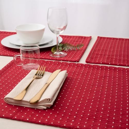 Cotton Placemats Set of 6-13x19 Inch, Diamond Quilted Place Mats, Durable & Elegant for Dining Table, Wedding, Restaurant, Machine Washable, Oeko-TEX Certified - Red - color: Red - Diamond Quilted