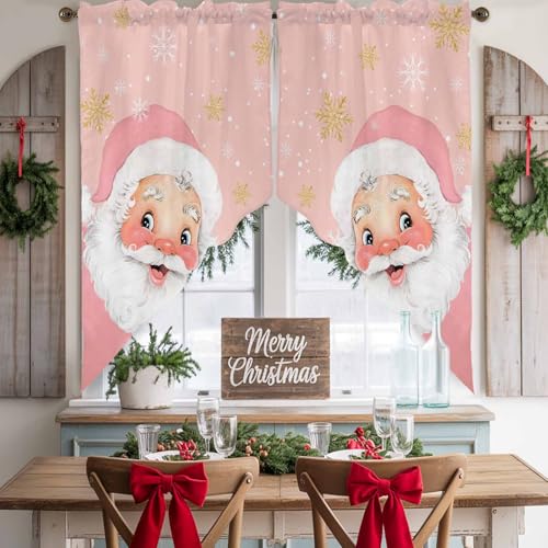 Pink Christmas Swag Valances Santa Claus Kitchen Curtains 36 Inches Length,Funny Xmas Tier Drapes Swag Topper,Winter Snowflakes Short Window Treatments for Small Windows Cafe Bathroom 2 Panels 28"x36" - color: Pink White, size: 28"W x 36"L (Pack of 2)