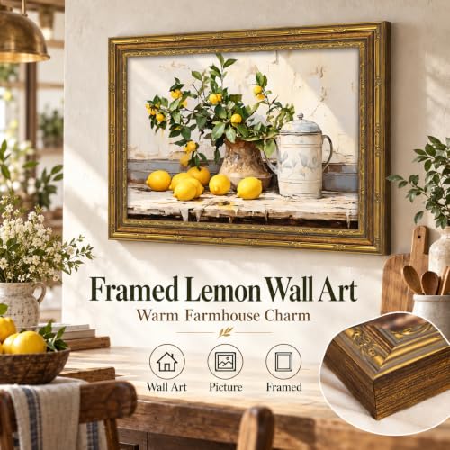 Vintage Gold Framed Canvas Wall Art 9×11 Inch Lemon Still Life Picture Poster Rustic Wall Decor for Kitchen Farmhouse Indoor Home Decoration - color: lemon, size: 11"L x 9"W