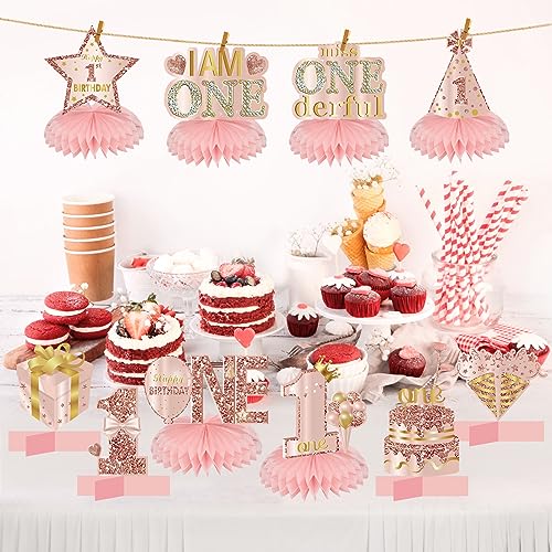 Turypaty Happy 1st Birthday Honeycomb Table Centerpieces Decorations Girls - style: Pink Rose Gold 1st