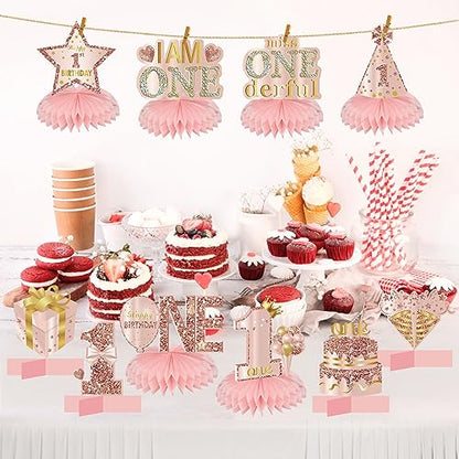 Turypaty Happy 1st Birthday Honeycomb Table Centerpieces Decorations Girls - style: Pink Rose Gold 1st