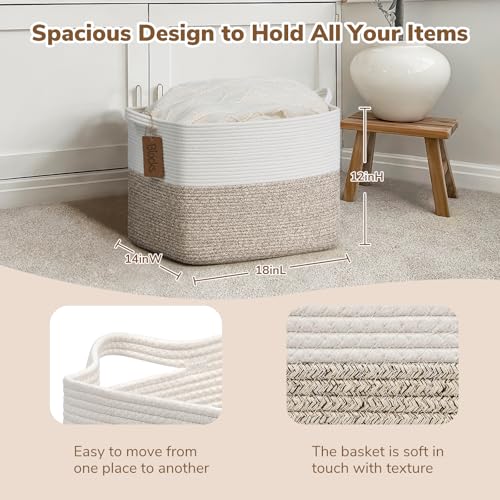 Goodpick 50L Large Woven Rope Storage Basket, Rectangle, Light Brown - color: Light Brown, size: 18"L x 14"W x 12"H