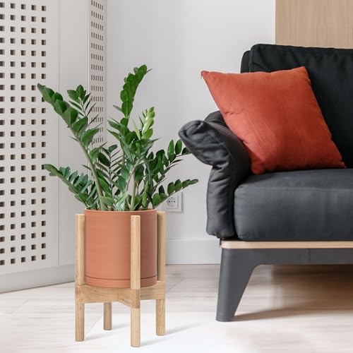 D'vine Dev Terracotta Pot with Natural Wood Stand, 8 in, 55-B-N-5 - color: Terracotta Pot + Natural Stand, size: 8 Inch