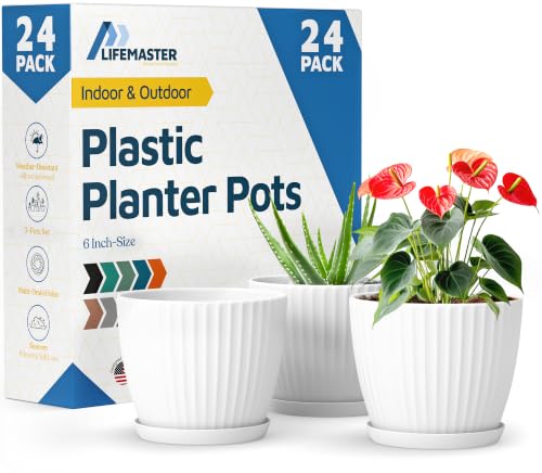 White 6-Inch Plant Pots with Drainage & Saucers 24 Pack, Indoor & Outdoor Planters for Houseplants, Herbs, and Flowers, Durable & Weatherproof Material, Stackable, Lightweight, Minimalist Design - color: White, size: Pack of 24