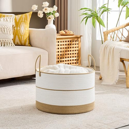 KAKAMAY Large Blanket Basket with Handles, Storage Basket for Living Room - color: Brown and White