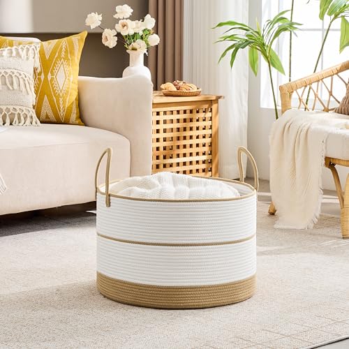 KAKAMAY Large Blanket Basket with Handles, Storage Basket for Living Room - color: Brown and White