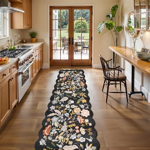 2x10 Scalloped Hallway Runner Rug: Washable Non Slip Boho Floor Mat Black - color: Black, size: 2' x 10' (Runner)