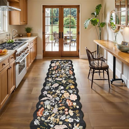 2x10 Scalloped Hallway Runner Rug: Washable Non Slip Boho Floor Mat Black - color: Black, size: 2' x 10' (Runner)