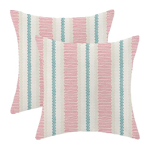AEIOAE Hot Pink Teal Summer Outdoor Pillow Covers 16 x 16 Inch,Boho Polka Dots Striped Decor Throw Pillows for Couch Bed,Geometric Modern Farmhouse Decorative Pillowcase Linen Cushion Cover Set of 2 - color: Hot Pink Aqua Teal, size: 16" x 16" (Pack of 2)