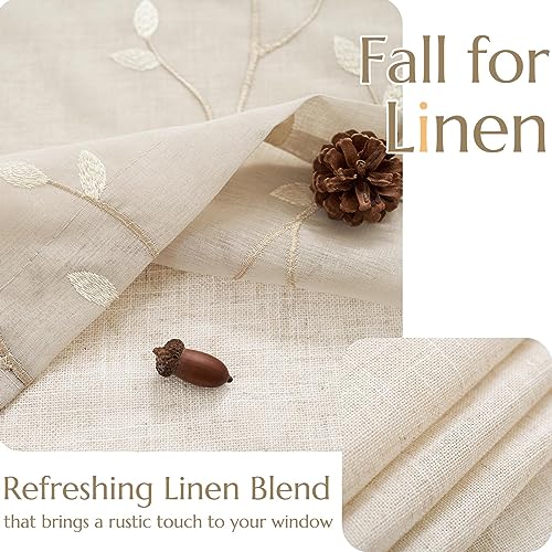 jinchan Linen Kitchen Valance Sheer Leaf Embroidered 18 Inch 1 Panel Beige - color: Leaf | Beige
