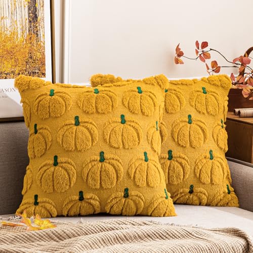 MIULEE Fall Pumpkin Pillow Covers Fall Decor Mustard Yellow Stem 18x18 - color: Mustard Yellow Green Stem, size: 18" x 18" (Pack of 2)