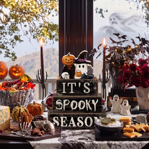 Moucuny 4 Pcs Halloween Table Decor Pumpkin Ghost Wood Stacked Block Decor - style: Spooky