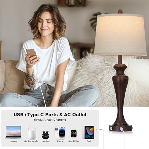 30" Brown Table Lamp Single, 3-Way Touch Control Bedside Lamp with USB A+C Ports and AC Outlet, Tall Living Room Lamps for End Table, Elegant Coffee Bedroom Lamps for Night Stand - color: Brown1-1PK