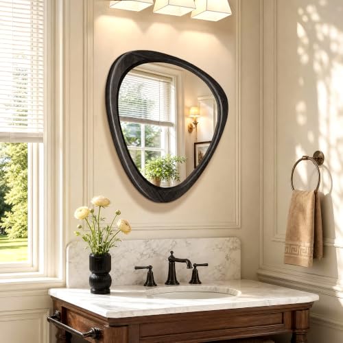 24" x 19" Asymmetrical Mirror, Solid Wood Frame, Irregular Design - color: Black, size: 24"L x 19"W