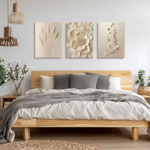 Hianan Wrapped Canvas Neutral Beige Botanical Wall Art Set of 3, 16x24 in - color: Beige, size: 24"L x 16"W