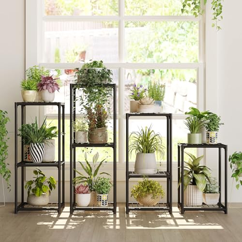 Bamworld Plant Stands Indoor 4 Sets Plant Shelves Outdoor - color: Black, size: 4 Sets