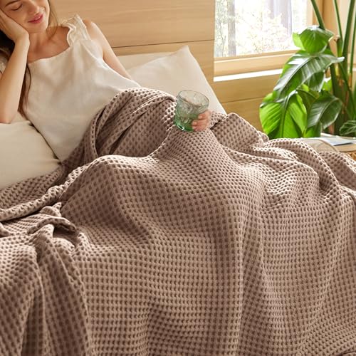 Bedsure Lightweight 100% Cotton Waffle Blanket, Throw XL, Coffee Brown - color: Coffee Brown, size: Throw Xl (50" X 70")