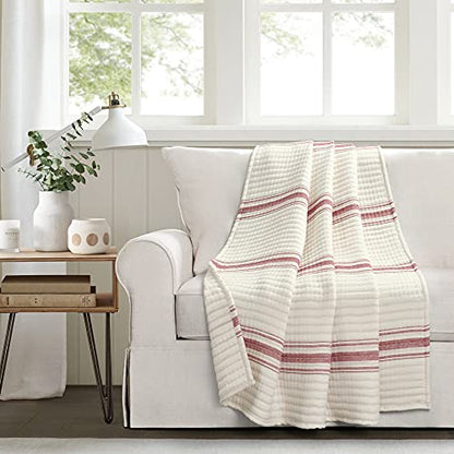 Lush Decor Farmhouse Stripe Kantha Pick Stich Yarn Dyed Cotton Woven Throw Reversible Ticking Pinstripe Design Blanket, 50" x 60", Red - color: Red