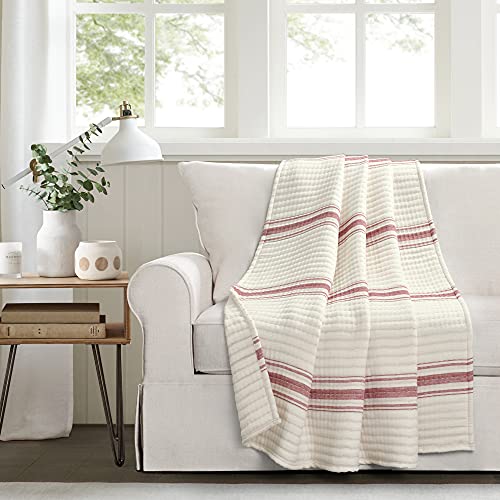 Lush Decor Farmhouse Stripe Kantha Pick Stich Yarn Dyed Cotton Woven Throw Reversible Ticking Pinstripe Design Blanket, 50" x 60", Red - color: Red