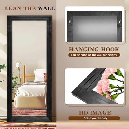 76x34in Full Length Mirror, 3-Tier Stepped Solid Wood Frame, Black - color: Black, size: 76"L x 34"W
