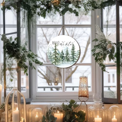 Whaline Christmas Hello Winter Wooden Hanging Sign Christmas Pine Trees Welcome Door Sign Xmas Winter Holiday Farmhouse Rustic Wreath Sign for Indoor Outdoor Home Wall Window Decor - style: Winter