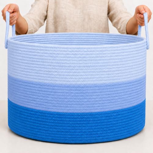 OrganiHaus Round Toy Basket & Blanket Basket, Cotton Rope 20x13" - color: 3-toned Blue, size: Wide