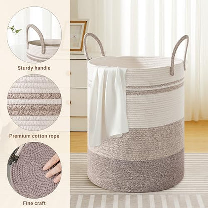100L Extra Large Tall Cotton Rope Laundry Basket with Handle, Brown Striped - color: Brown Striped, size: 100L