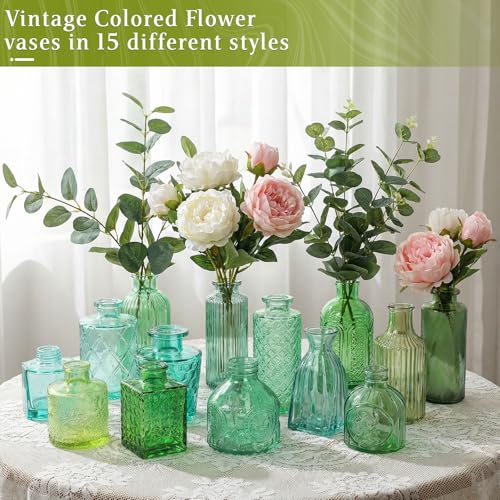 Set of 15 Green Glass Bud Vases Small Textured Flower Vases - color: Green