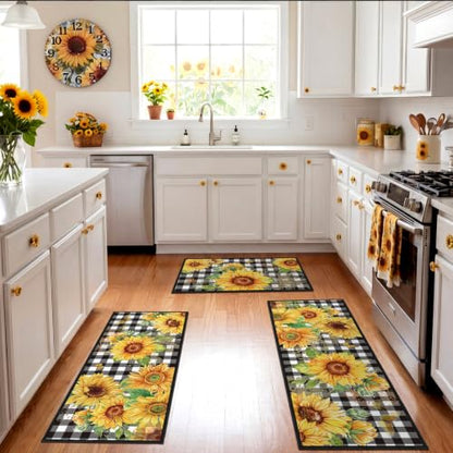 Fourluoo 3 Pcs Sunflower Kitchen Rugs and Mats Set Black White Plaid - color: Black White Gray